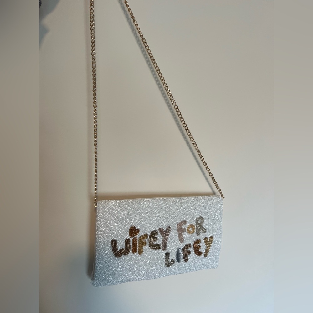 Wifey For Lifey Beaded Clutch - White and Gold - bridal accessories